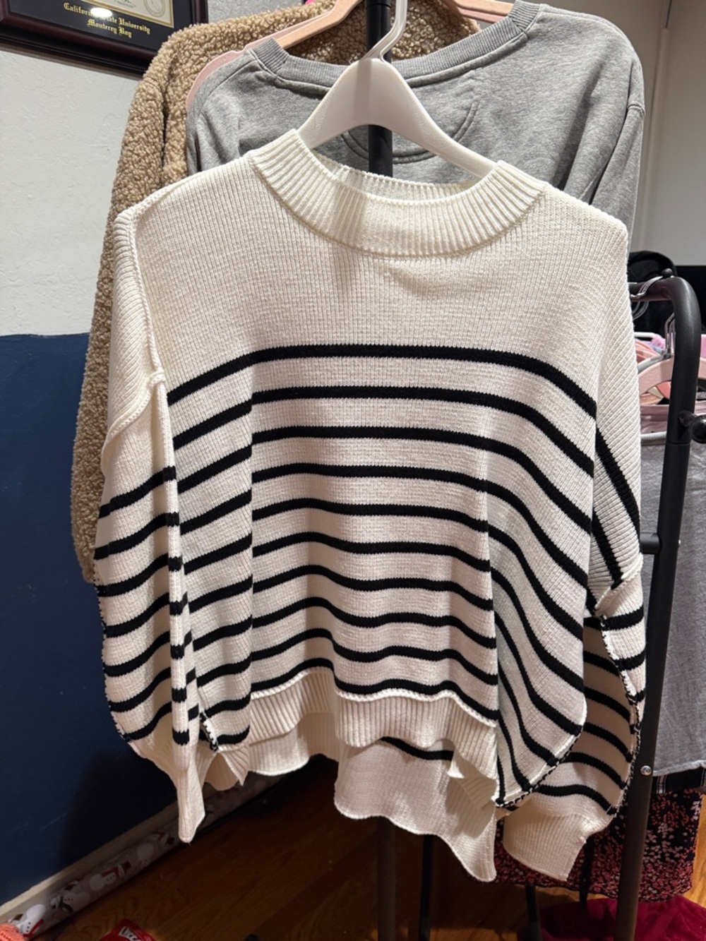 Zenana Outfitters Cream and Black Striped Crew Neck Sweater